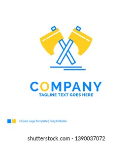Axe, hatchet, tool, cutter, viking Blue Yellow Business Logo template. Creative Design Template Place for Tagline.