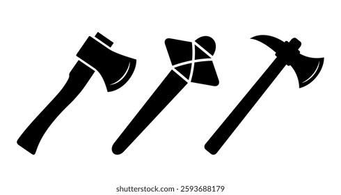 Axe and hatchet vector icon isolated on white background. Simple shape illustration of ancient work tool or weapon. Pictogram of old instrument for firefighter, lumberman or carpenter.