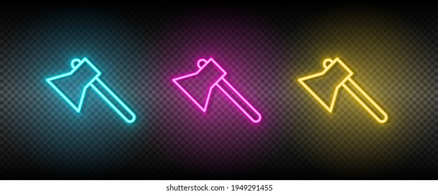 Axe, Hatchet Vector Icon Yellow, Pink, Blue Neon Set. Tools Vector Icon