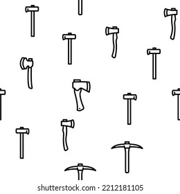 Axe Hatchet Wood Blade Tool Vector Seamless Pattern Thin Line Illustration