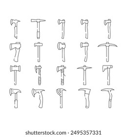 Iconos de la herramienta de la hoja de madera del hacha conjunto de Vector. equipo de madera, acero del trabajo del hacha, bosque del árbol, madera, leñador, viejo, metal, arma hacha hacha herramienta de la hoja de madera negro contorno ilustraciones