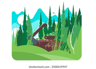 Axe and herbal drink in forest. Vector illustration featuring an axe on tree stump with herbal drink in lush forest.