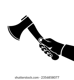 Axe holding in hand man black icon. Woodman silhouette, carpenter, joiner. Template hard work. Vector illustration flat design. Isolated on white background.