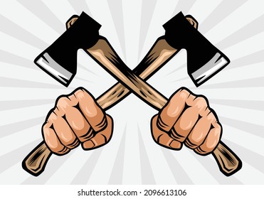 Ax hält in der Hand Mann lumberjack. Holzfäller, Zimmermann.