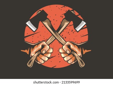 Axe holding in hand man lumberjack. woodman, carpenter.