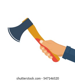 Axe holding in hand man lumberjack. Woodman, carpenter, joiner, icon. Template hard work. Vector illustration flat design. Isolated on white background.
