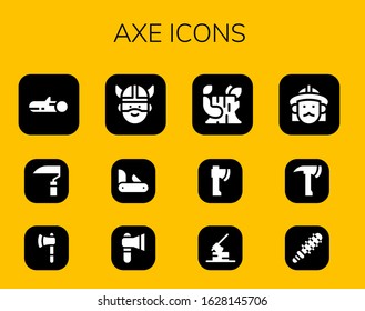 axe icon set. 12 filled axe icons. Included Wood, Scythe, Ax, Viking, Penknife, Axe, Log, Firefighter, Mace icons