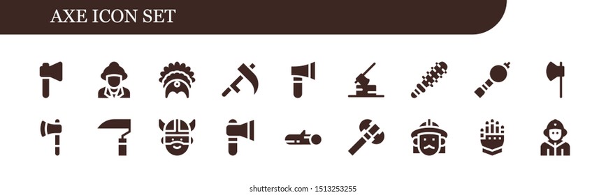 axe icon set. 18 filled axe icons.  Simple modern icons about  - Axe, Firefighter, Headdress, Scythe, Mace, Bladder pipe, Ax, Viking, Wood, Gauntlet
