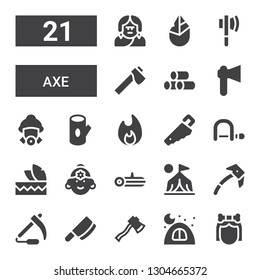 axe icon set. Collection of 21 filled axe icons included Troglodyte, Camping, Axe, Cleaver, Scythe, Ice Camp, Log, Indian, Headdress, Hacksaw, Handsaw, Bonfire, Firefighter