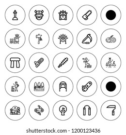 Axe icon set. collection of 25 outline axe icons with camping, chainsaw, coif, excalibur, dolmen, headdress, log, lumberjack, mace, indian, nunchaku icons. editable icons.