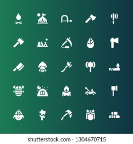 axe icon set. Collection of 25 filled axe icons included Wood, Troglodyte, Ice axe, Indian, Ax, Catapult, Bonfire, Camping, Viking, Firefighter, Cleaver, Hand Scythe