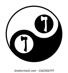 Axe icon. Vector. Black and white icon inside circles of yin and yang symbol at white background.