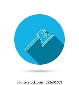 Axe icon. Worker equipment sign. Steel weapon symbol. Blue flat circle button with shadow. Vector