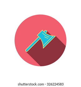 Axe icon. Worker equipment sign. Steel weapon symbol. Red flat circle button. Linear icon with shadow. Vector