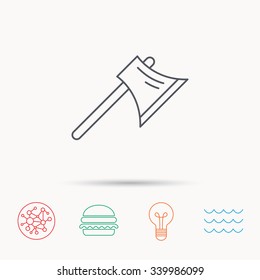 Axe icon. Worker equipment sign. Steel weapon symbol. Global connect network, ocean wave and burger icons. Lightbulb lamp symbol.