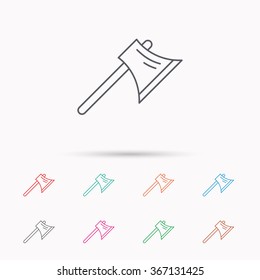 Axe icon. Worker equipment sign. Steel weapon symbol. Linear icons on white background.