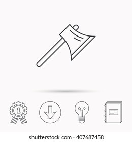 Axe icon. Worker equipment sign. Steel weapon symbol. Download arrow, lamp, learn book and award medal icons.