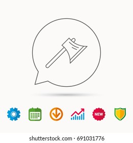 Axe icon. Worker equipment sign. Steel weapon symbol. Calendar, Graph chart and Cogwheel signs. Download and Shield web icons. Vector