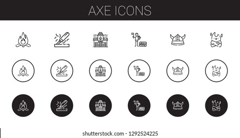 axe icons set. Collection of axe with bonfire, wood, fire station, viking. Editable and scalable axe icons.