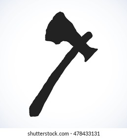 Axe isolated on white background. Era civilization archeology excavations. Dark ink hand drawn sketchy picture. Closeup view with space for text