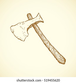 Axe isolated on white background. Era civilization archeology excavations. Freehand outline ink hand drawn doodle sketchy picture. Closeup view with space for text