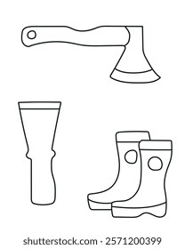 Axe, Jointing Knife, Safety Boots common tools in a construction vector set include a saw, ideal for cutting wood, metal, a drill, which creates holes in various materials. clean, modern vector style.