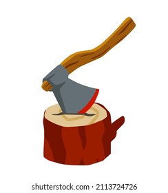 Axe with log. Felling and cutting of wood. Firewood harvesting and hiking.
