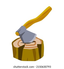 Axe with log. Felling and cutting of wood. Firewood harvesting and hiking. Rural tool. Execution equipment. Flat cartoon illustration isolated on white