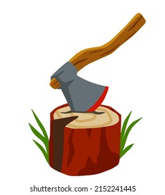 Axe with log. Felling and cutting of wood. Firewood harvesting and hiking.