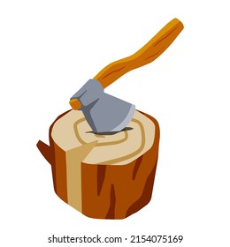 Axe with log. Felling and cutting of wood. Firewood harvesting and hiking. Rural tool. Execution equipment. Flat cartoon illustration isolated on white