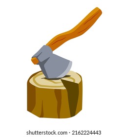 Axe with log. Felling and cutting of wood. Firewood harvesting and hiking.