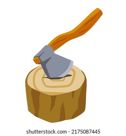 Axe with log. Felling and cutting of wood. Firewood harvesting and hiking. Rural tool. Execution equipment. Flat cartoon illustration isolated on white