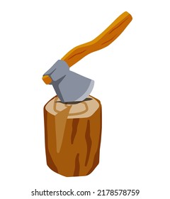 Axe with log. Felling and cutting of wood. Firewood harvesting and hiking. Rural tool. Execution equipment. Flat cartoon illustration isolated on white