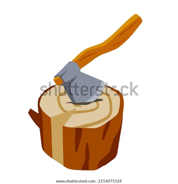 Axe with log. Felling and cutting of
wood. Firewood harvesting and hiking. Rural tool. Execution
equipment. Flat cartoon illustration isolated on
white