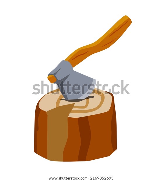 Axe with log. Felling and cutting of\
wood. Firewood harvesting and hiking. Rural tool. Execution\
equipment. Flat cartoon illustration isolated on\
white