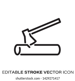 Axe and log line icon. Outline symbol of lumbering and gardening. Editable stroke flat vector illustration.