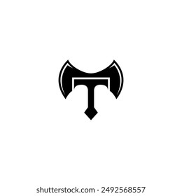 Axe logo with T letter combination in flat vector design style