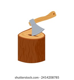 Axe, lumberjack, logging emblem or icon. The ax sticks out in the stump. Wood products, wood symbol vector illustration on white background