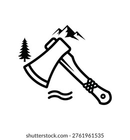 An axe with a mountain and tree symbolizing camping and outdoor adventure isolated on white background, Vector, illustration