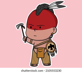 Axe Native American Warrior Stand with Weapon Cartoon Red Indians Infantry