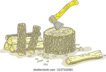 Axe, an old stump and chopped billets for a fireplace and a stove in a village house, vector cartoon illustration isolated on a white background