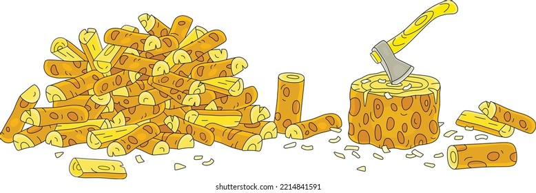 Axe, an old stump and chopped billets for a fireplace and a stove in a village house in cold winter, vector cartoon illustration isolated on a white background