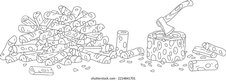 Axe, an old stump and chopped billets for a fireplace and a stove in a village house in cold winter, black and white vector cartoon for a coloring book page