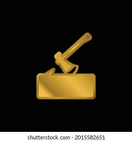 Axe On Log gold plated metalic icon or logo vector
