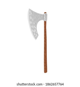 Axe on long hand isolated on white background. Cartoon cute weapon of viking in doodle style vector illustration.