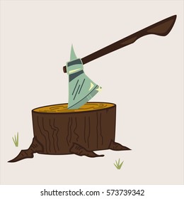 Axe on stump isolated on background. Woodworking tools icon. Vector cartoon illustration of hatchet.