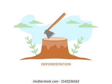 Axe on tree stump, Concept deforestation cutting tree forest flat vector design.
