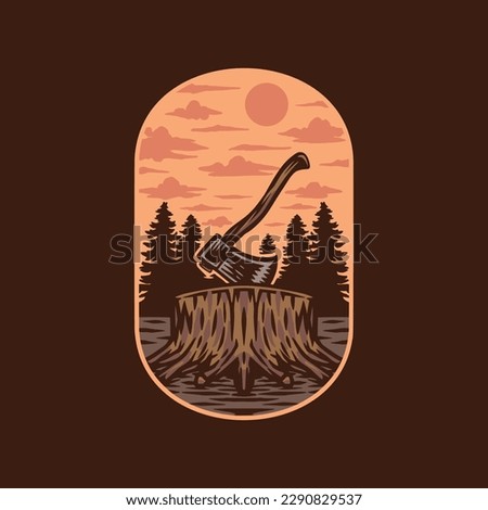 Axe on tree trunk badge illustration