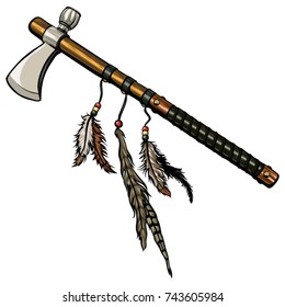 Axe peace pipe with feather vector illustration. Hand drawn indian symbol.