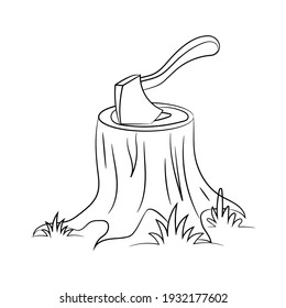 Axe pierced on the wood, hand drawn illustration, simple camping, woodworking tool Icon Vector